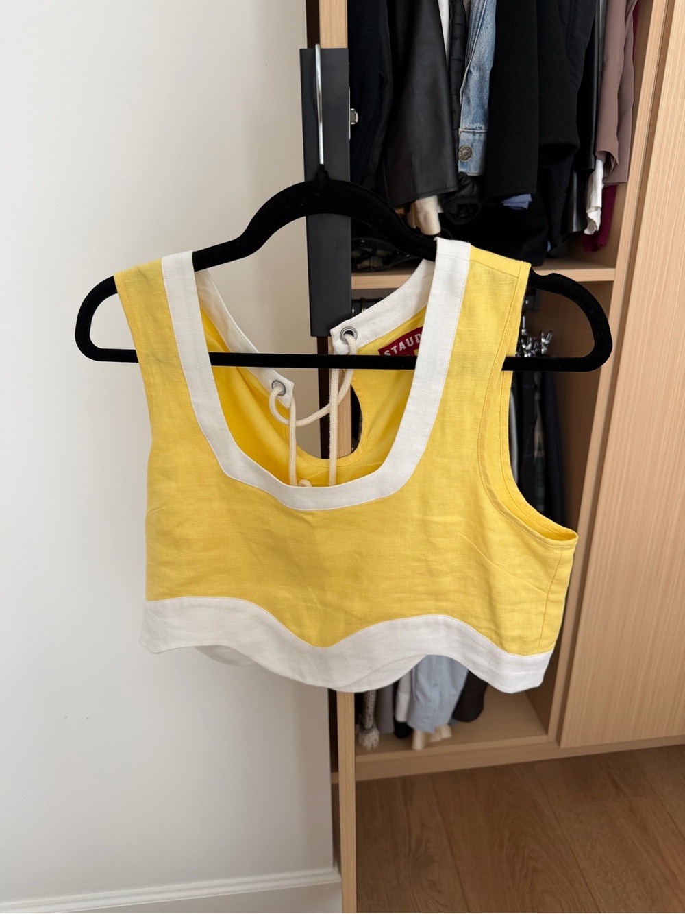 STAUD Yellow and White Linen Blend Cropped Tank